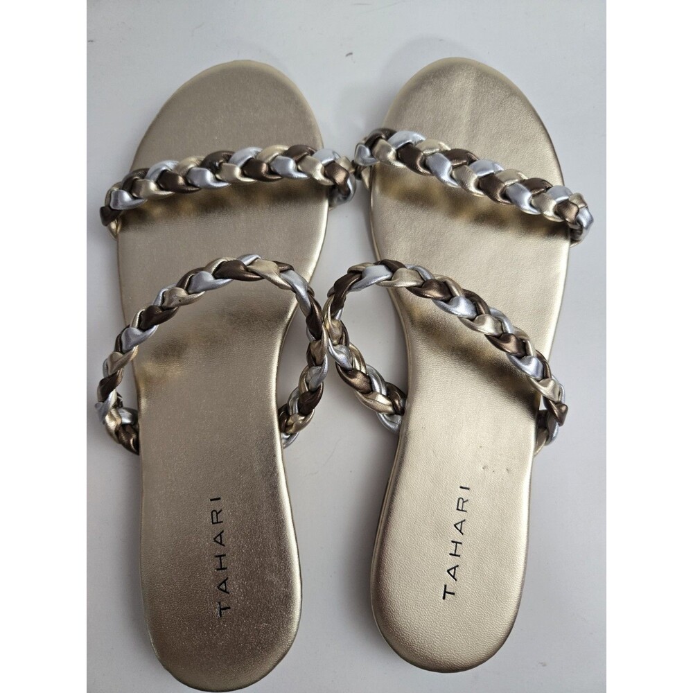 Tahari Size 8 Metallic Gold Slide Sandals Braided Gold Silver Strap Flat Slip on - Picture 5 of 7